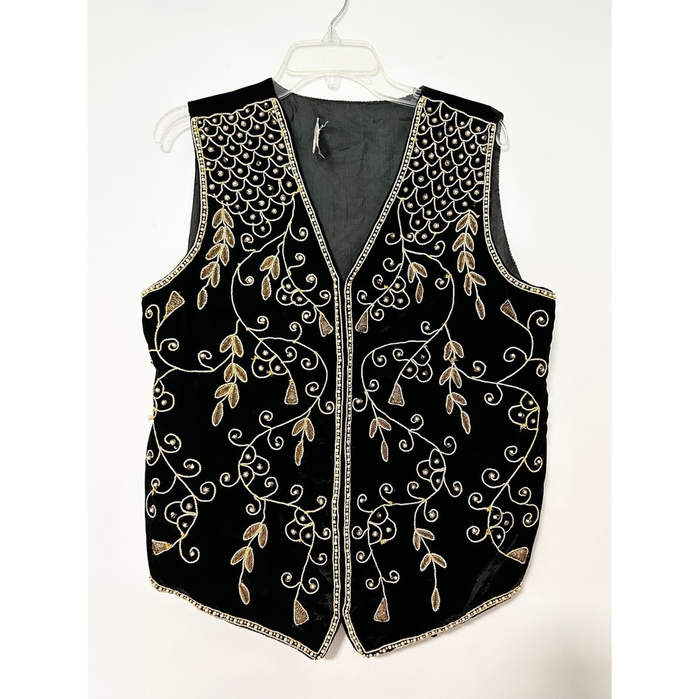 Sandy Starkman Vintage Black Velvet Beaded Gold Embroidered Vest christmas Large